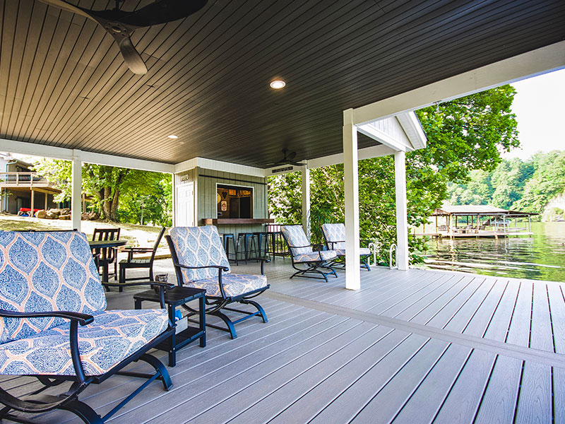 Covered Dock with seating and Wood Ceiling