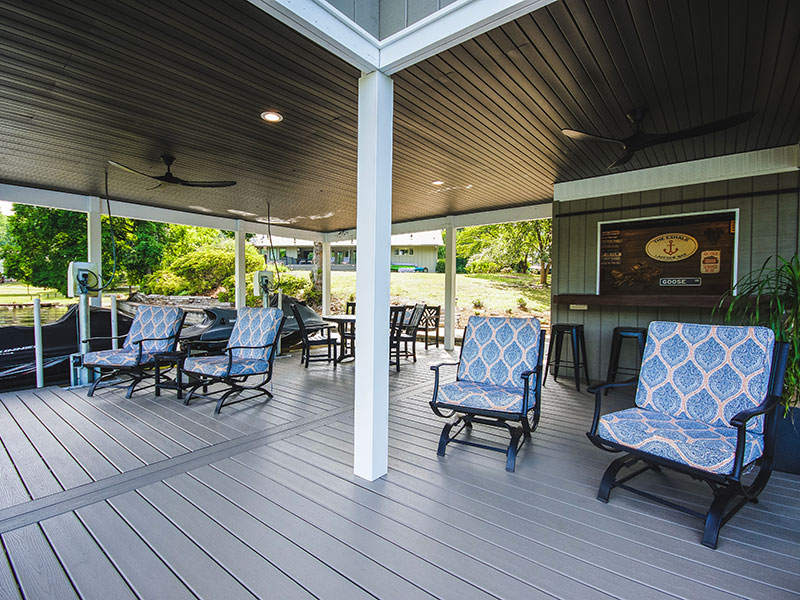 Covered Dock with seating and Wood Ceiling